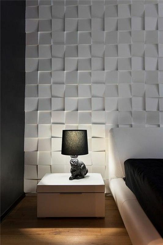 spalnica-s-stenskimi-dekoracijami-belimi-stenskimi ploščami-kako-okrasiti-stenske-s-ploščami