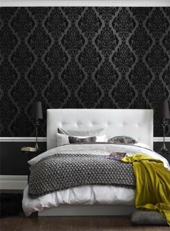 miegamasis-balta-juoda-kraštinė-siena-tapetai-juoda-pilka-dekoratyviniai-raštai-ant sienų