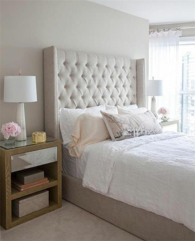 yatak odası-renk-açık-bej-başlık-döşemeli-bej-beyaz-yatak örtüsü