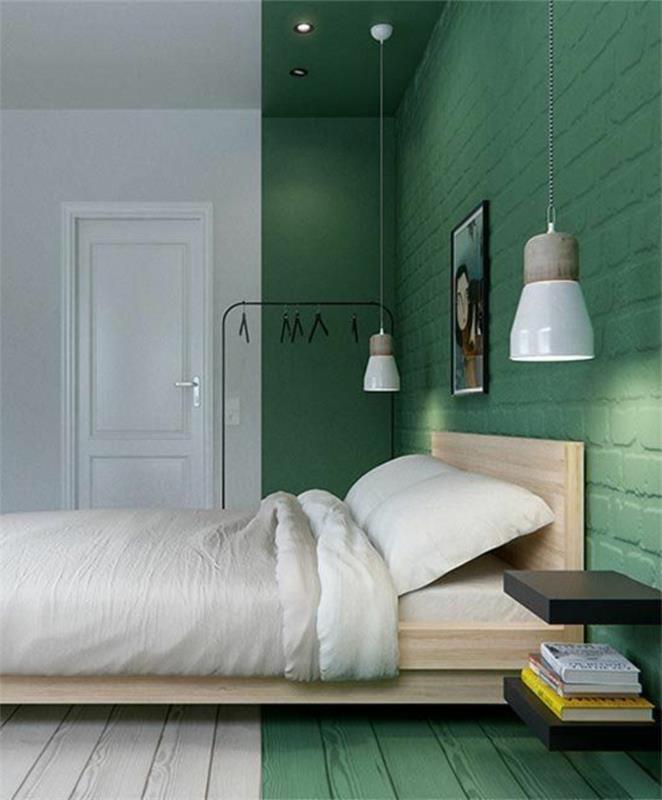 dviejų spalvų miegamojo sienos-pigu-dvigulė-lova-šviesaus medžio