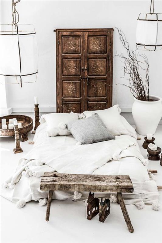 rustik ahşap etnik dekor, beyaz güneşli yatak odası