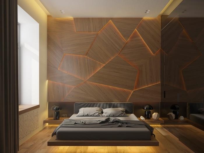 dekoratyvinė sienų plokštės idėja suaugusiam miegamajam, moderni kambario apdaila su smėlio spalvos sienomis su medine sienų dalimi