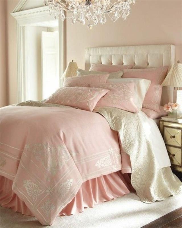 lüks-yatak odası-yatak-başlıklı-beyaz-suni-deri-pembe-yatak örtüsü