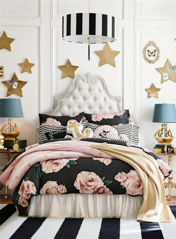 yaratıcı-genç-yatak odası-çizgili-halı-duvar-dekorasyon-yatak-çarşafları-güller