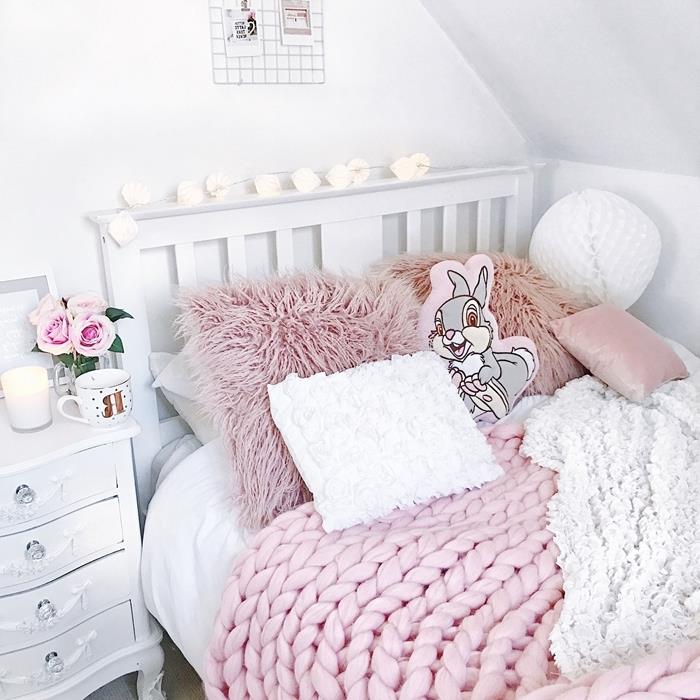 12 metų mergaitės miegamojo kokonavimo stiliaus baltos medienos galvos pagalvė milteliai rožinis dirbtinis kailis didelis tinklelis pledas