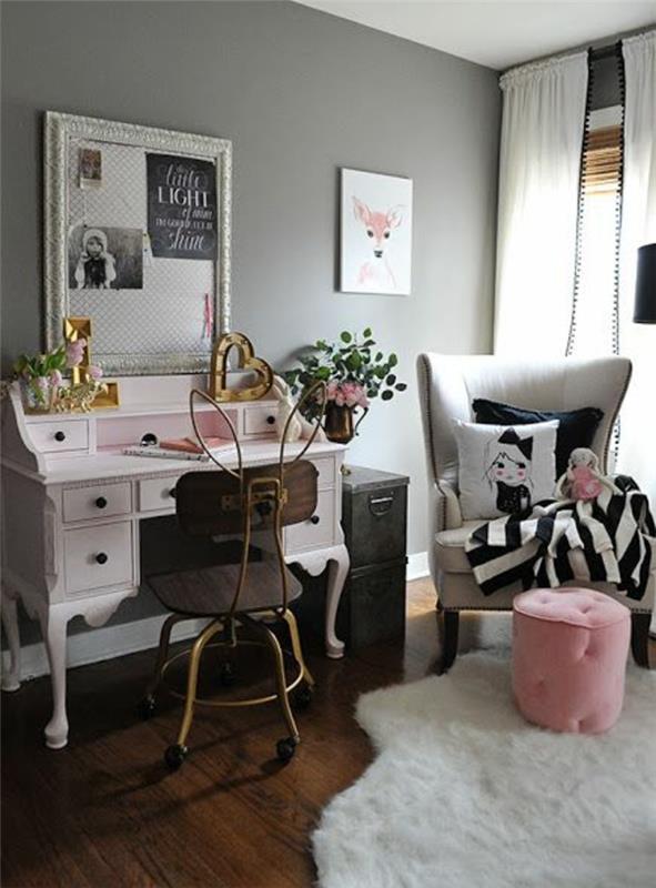genç-kız-yatak odası-ofis-vintage-deco-beyaz-halı