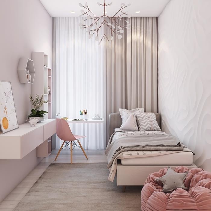 genç kız yatak odası küçük alan iç tasarım modern stil duvar kaplaması kabartma paneli beyaz masa sandalye pembe