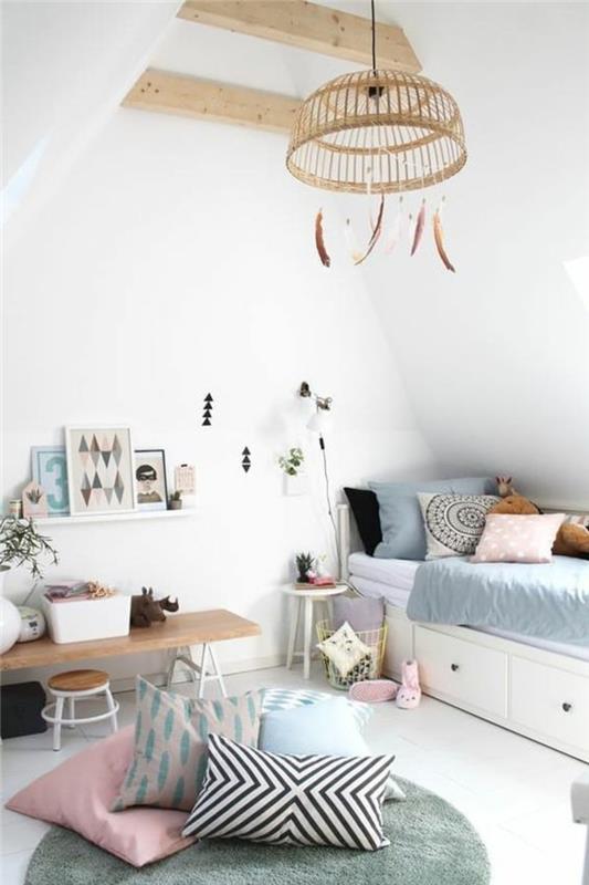 İskandinav-genç-yatak odası-dekor-pastel-desenli-yastıklar