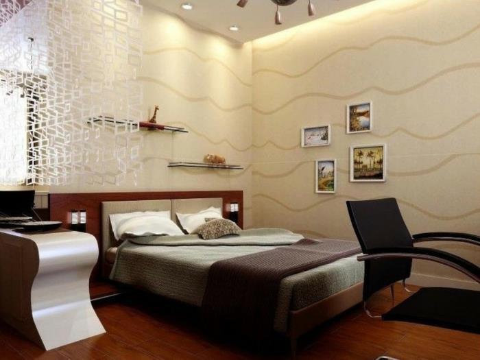 pagrindinis miegamasis, suaugusiųjų miegamasis smėlio spalvos deko, dekoratyvinės sienų tapybos