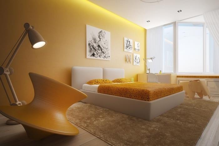 sodobne barve sten spalnice, trendovska dvobarvna barva z rumeno steno in belim stropom, rumeno in belo pohištvo za spalnice