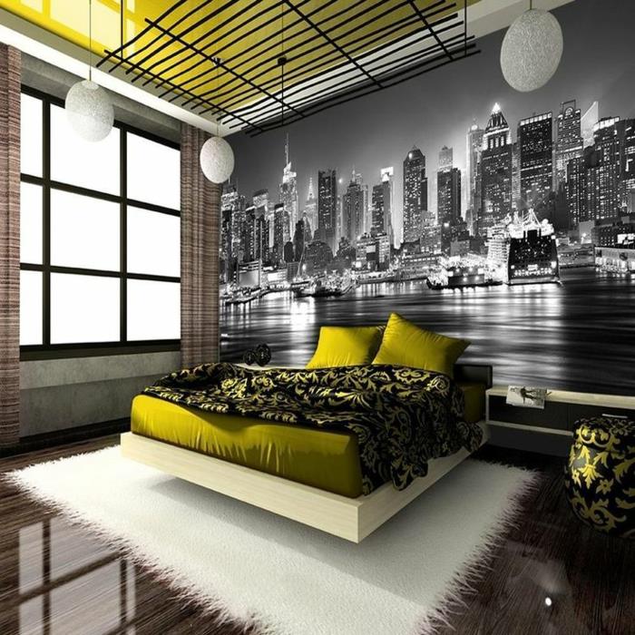 Niujorko sienos plakatas, pilkas ir garstyčių miegamojo dekoras, Niujorko plakatas, kabančios rutulinės lempos
