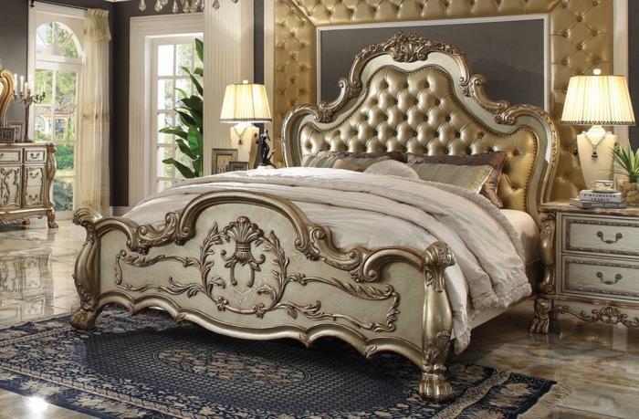 barok yatak odası, büyük barok yatak, barok motifli gri halı, süslü gri komodin