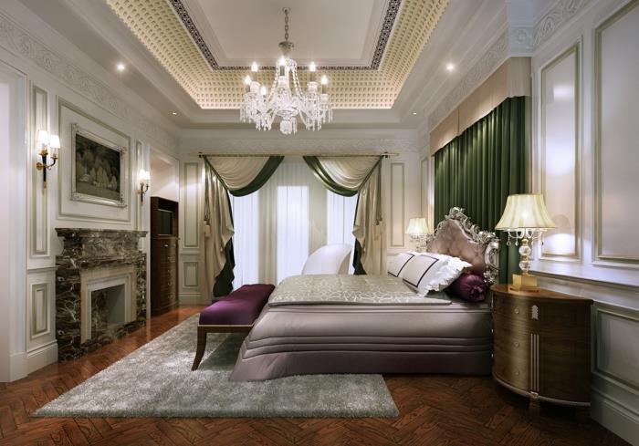 Barok yatak odası, yumuşak gri halı, mor çekyat, kavisli şifonyer