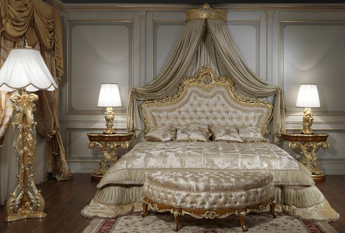 barok yatak odası, altın süslemeli barok yatak, barok zemin lambaları