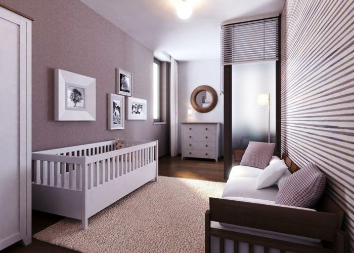 visiškai pigus kūdikio kambarys, taupe kilimas, balta kūdikio lova, balta komoda