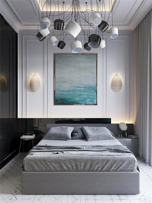 Ideali spalva suaugusiųjų miegamojo dažų spalvai miegamajame pasirinkite pilką, juodą ir mėlyną spalvas
