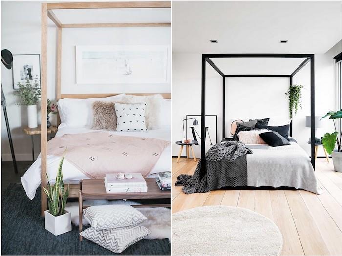 soba za čahure, primer sobe s črno -sivo posteljnino, lahkim apetitom, spalnica z leseno posteljo z baldahinom in belo in roza posteljnino, sivimi in belimi blazinami