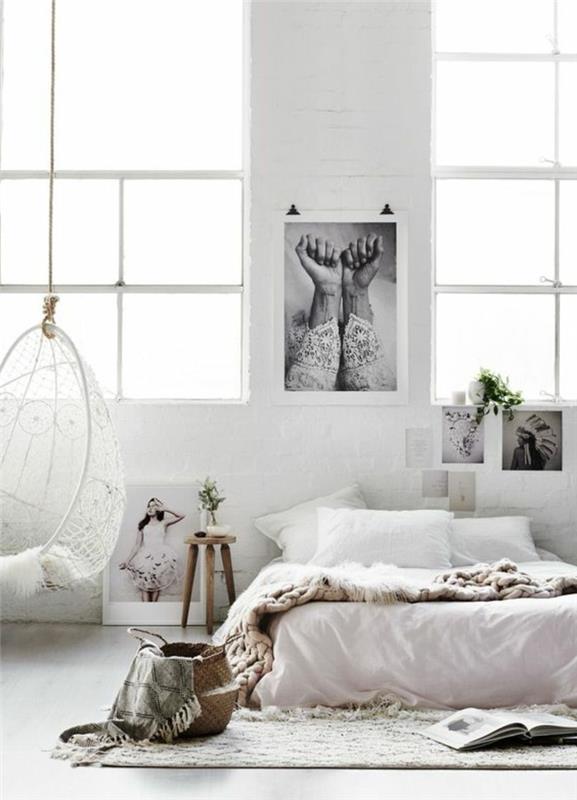 spalnica-popolno-oblikovanje za odrasle-skandinavsko-pohištvo-bela-stena-beli-viseči stol