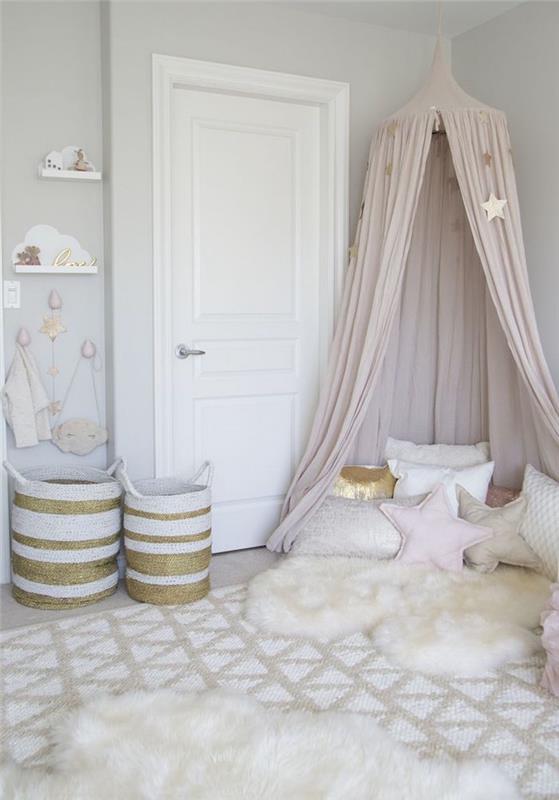 osmanlı ve halı minderli gri iskandinav tarzı çocuk odası dekoru