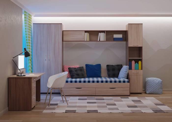 genç yatak odası bej karo halı çocuk odası için parke zemin puf mobilya