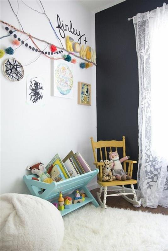 otroška soba-bela-črna-stene-umetno-krzno-preproga-bela-otroška-spalnica-pohištvo