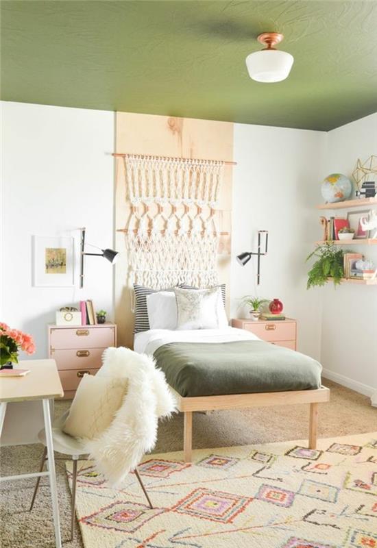 vintage-deco-genç-yatak odası-iskandinav-ruhu-yeşil-tavan