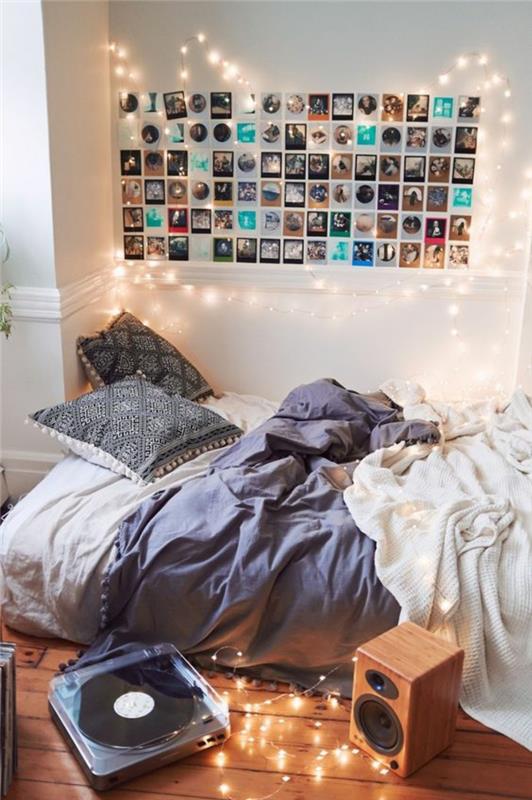 boho-şık-genç-yatak odası-duvar-dekor-fotoğraf-ışık-çelenk