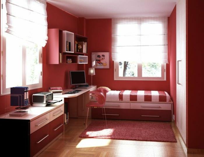 raudonas-kompaktiško stiliaus-paauglių mergaičių kambarys