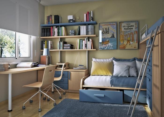 otroška soba na majhni površini, minimalistične police, lesena miza, kovinske noge, modra preproga