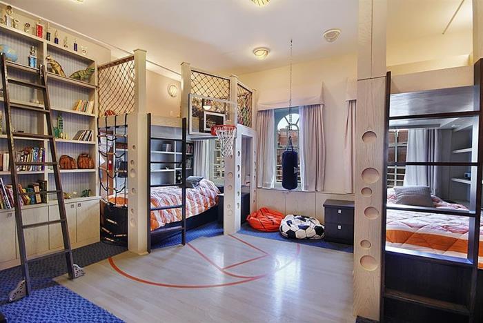 super ustvarjalna dečkova soba, mali vrtec s športno tematiko, košarkarske košare, hruška