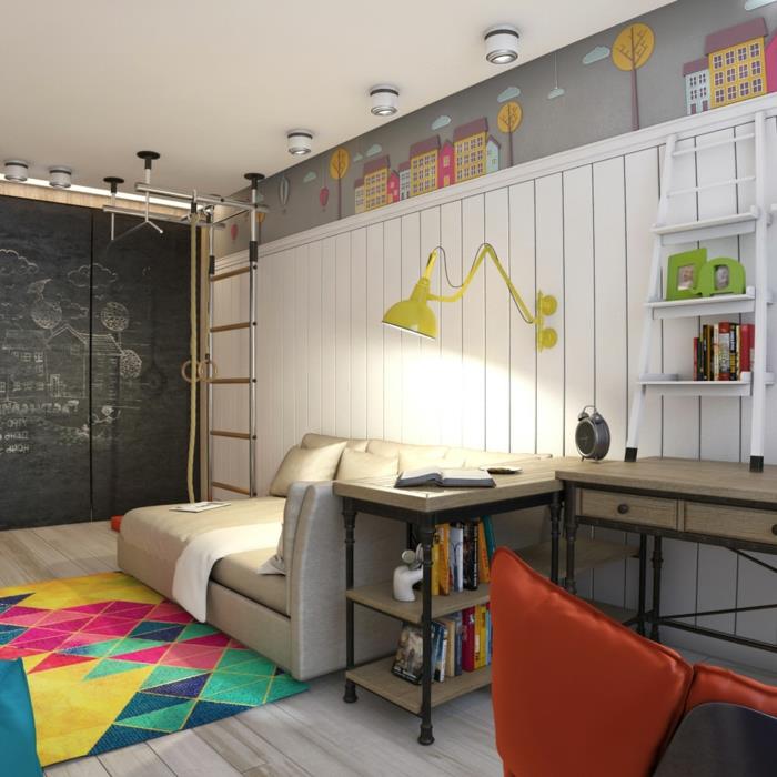 pilkas ir baltas miegamasis, lentos grindys, įvairiaspalvis kilimas, medinės dailylentės, sienų dizainas, pramoninė geltona sieninė lempa
