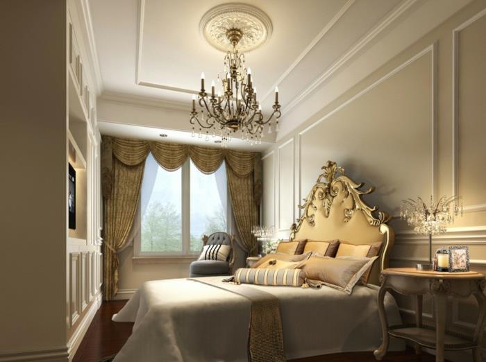 modern lüks yatak odası, barok avize, barok yatak başlığı, bej perdeler