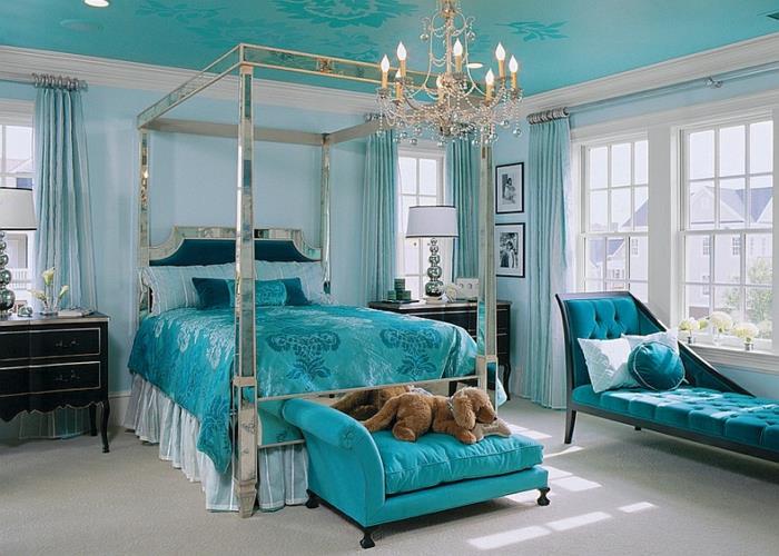 modern lüks yatak odası, muhteşem tavan aydınlatmalı mavi yatak odası, büyük döşemeli bank