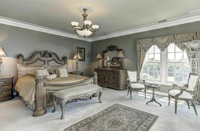 modern lüks yatak odası, iç gri, barok ayaklı gri çekyat