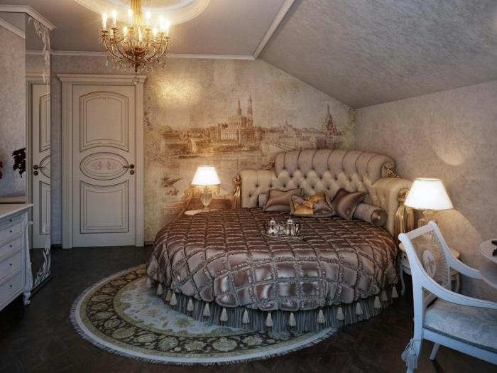 modern lüks yatak odası, yuvarlak yatak, yuvarlak halı, şenlikli şamdan, rahat küçük yatak odası