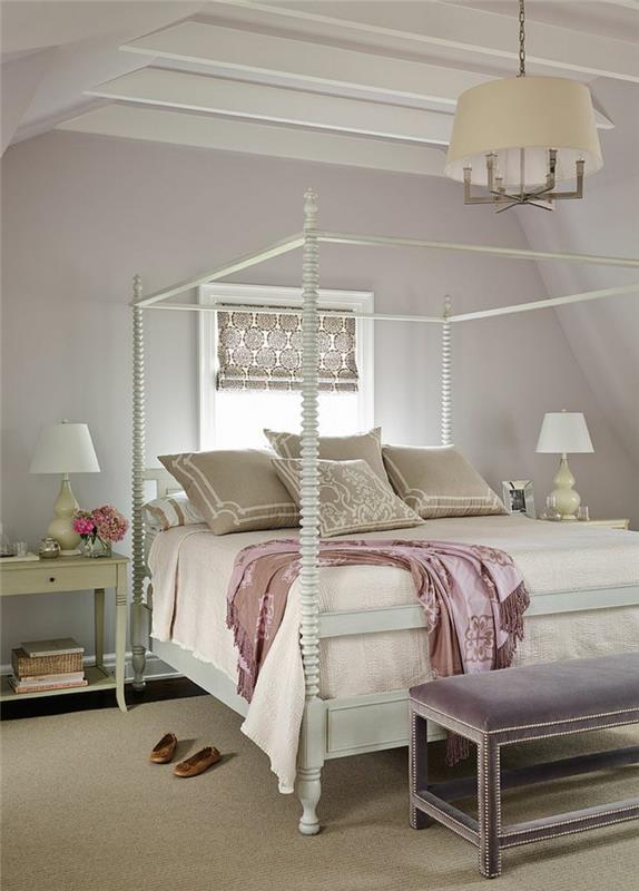modern lüks yatak odası, gri duvarlar, sayvanlı yatak, boz kahverengi halı, gri divan