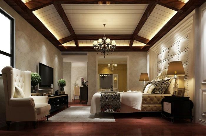 modern lüks yatak odası, kirişli tavan, barok tavan lambası