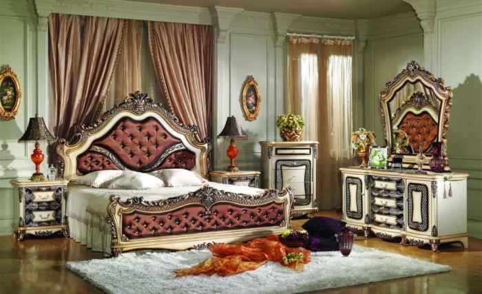 modern lüks yatak odası, soluk yeşil duvar boyası, dikdörtgen halı, lüks mobilyalar