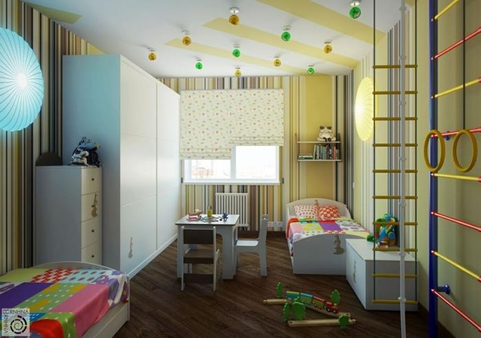 rešitve za majhne prostore, majhno otroško sobo, telovadne lestve, belo pohištvo, temna tla