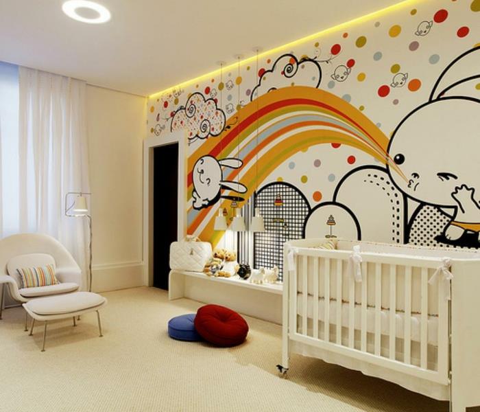 vaikų kambarys, tapetai su stebuklingais piešiniais, triušiai ir vaivorykštė