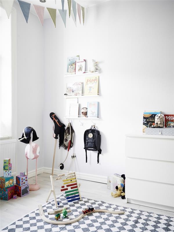 Skandinaviško baltumo vaikų kambario dekoras, minimalistinio švediško stiliaus miegamojo dekoravimo įkvėpimas