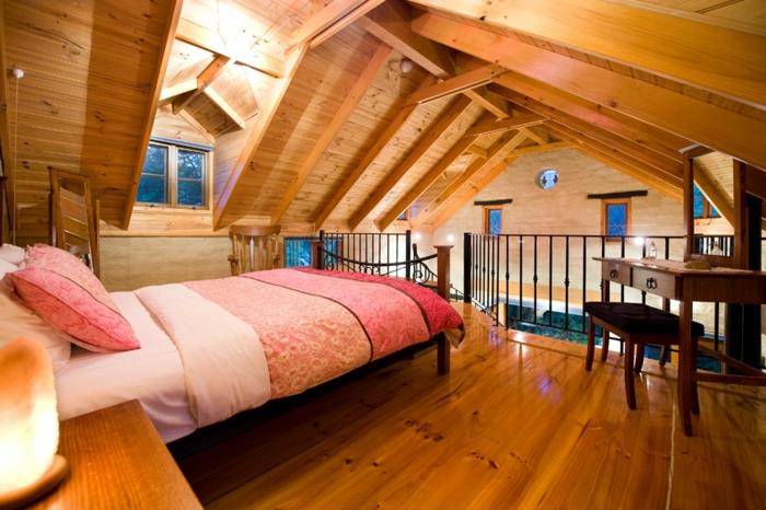 asma katlı yatak odası, bos dağ evinin ikinci katı, çatı katı yatak odası