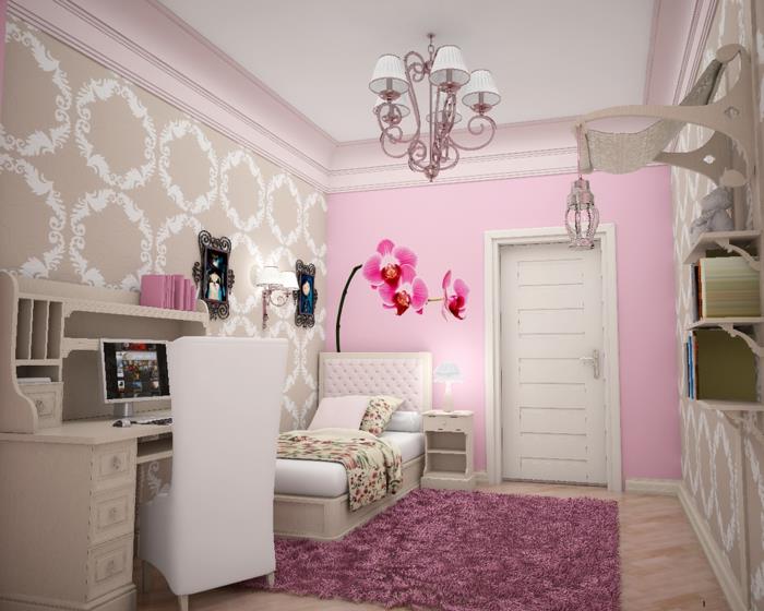 kako okrasiti svojo sobo z roza steno, bež steno z belimi arabeskami, razsvetljavo s šestimi belimi mini odtenki, preprogo iz fuksije, posteljo z oblazinjenim vzglavjem v bledo roza barvi