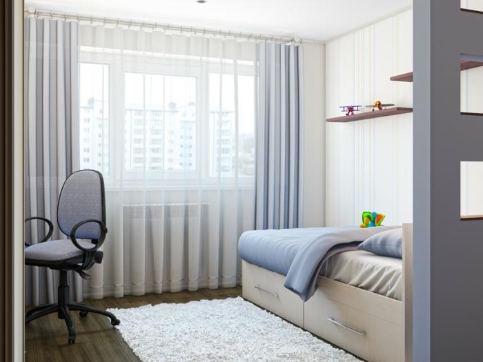 tapyti berniuko kambarį, lovą su saugykla, purų baltą kilimą, skaidrią užuolaidą, minimalistines lentynas
