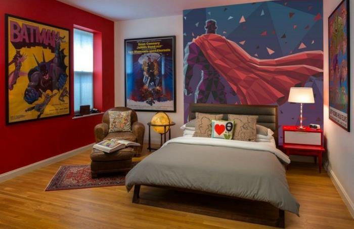 sieninis superherojų plakatas, Betmeno plakatas, senovinis fotelis, geltonas gaublys, raudona ir balta lova