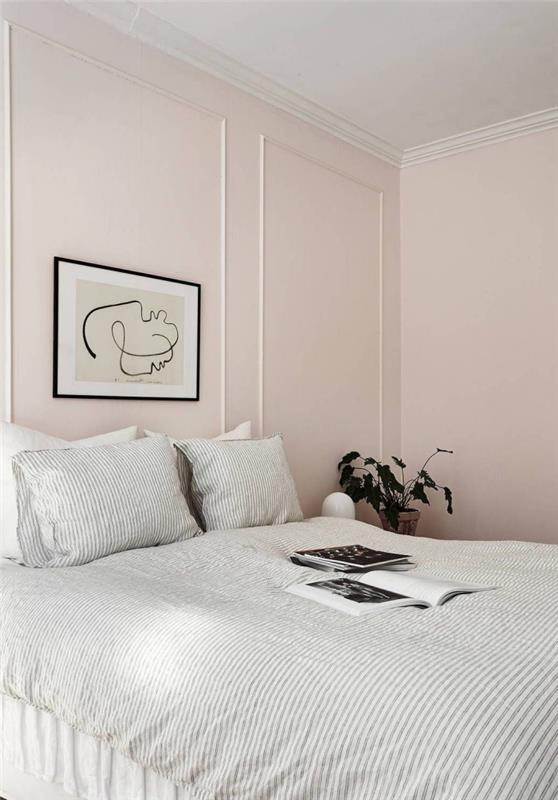minimalist tarzda yetişkin yatak odası dekor fikri, pastel pembe boya ile nötr renklerde İskandinav tarzı iç tasarım