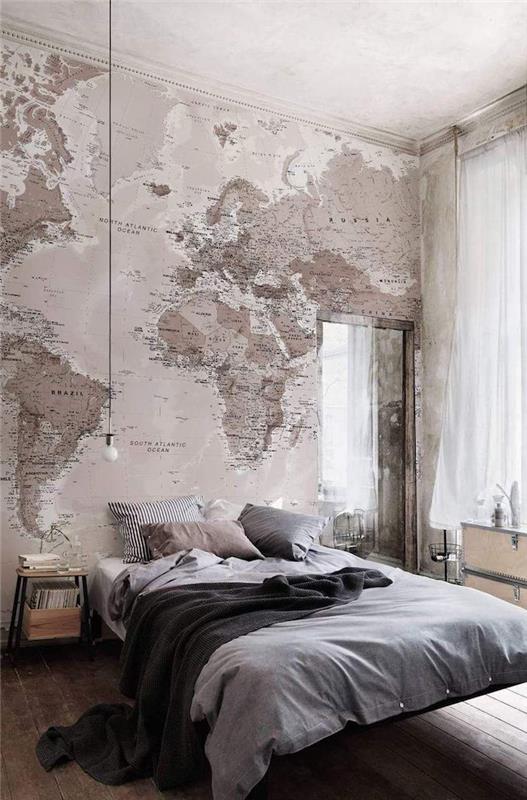 Stenski zemljevid sveta, lepa preprosta dekoracija bledo rožnate in sive spalnice, dekor spalnice najstnice, moderna dekoracija hygge elegantna spalnica