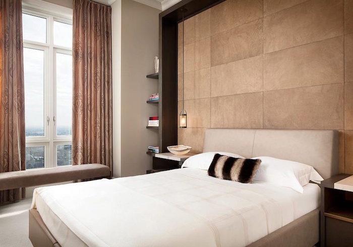 Otel yatak odası fikirleri taupe ve beyaz duvar dekoru modern tasarım