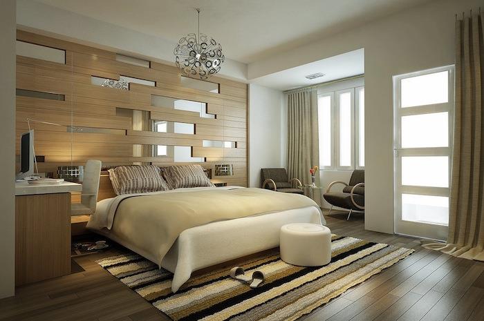 velika spalnica na leseni steni z ogledalom, sodobna spalnica za odrasle