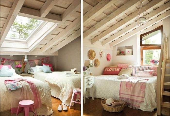 mansardna spalnica, prijeten deželni dekor, kremni tramovi in ​​strešno okno, roza stolček, rustikalna košara